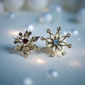 Vintage 1950s Snowflake Brooch Pair | Red & Blue Rhinestone Starburst Set